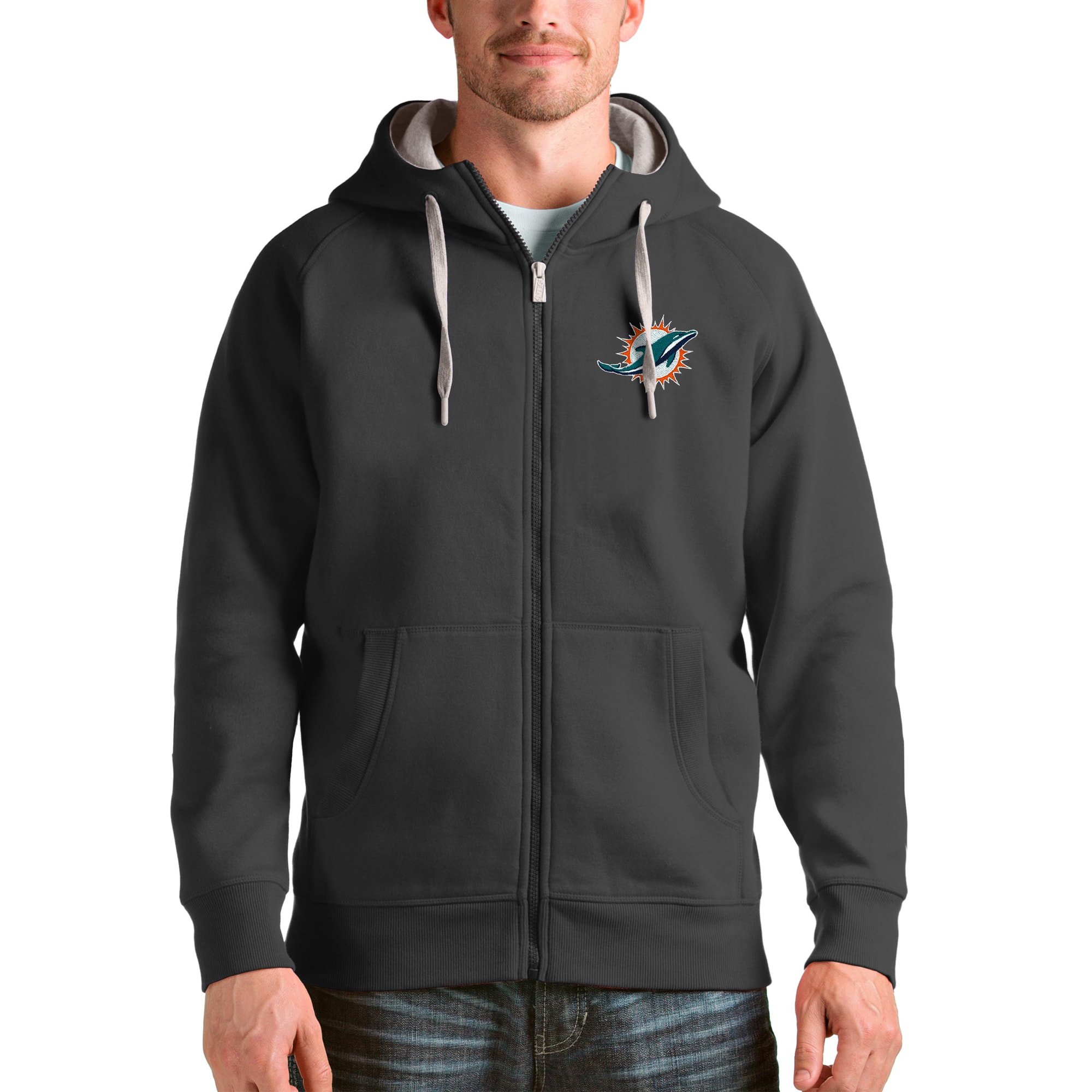 Men's Antigua Charcoal Miami Dolphins Victory Full-Zip Hoodie